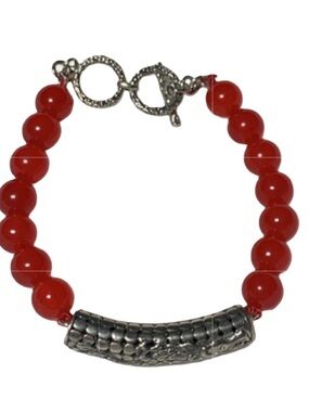 Red Jade Beads Dragon Bracelet in Sterling Silver (7.25 In) 13.20 Grams